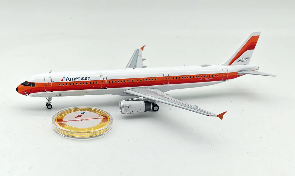 Inflight 200 American Airlines “PSA Livery” Airbus A321-231 N582UW with stand and collectors coin IF321AA582 1:200 Scale